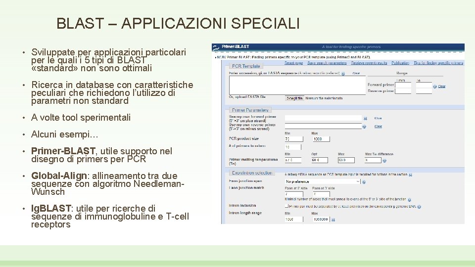 BLAST – APPLICAZIONI SPECIALI • Sviluppate per applicazioni particolari per le quali i 5