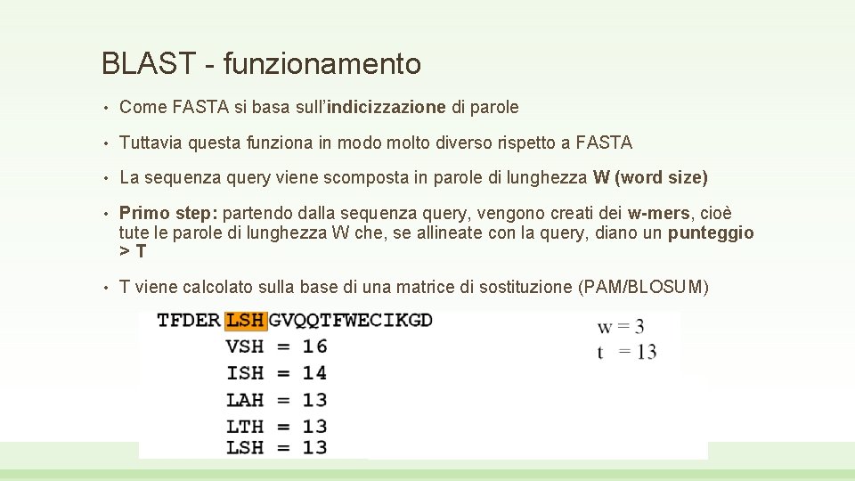 BLAST - funzionamento • Come FASTA si basa sull’indicizzazione di parole • Tuttavia questa