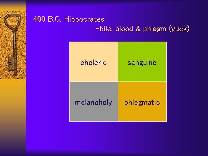 400 B. C. Hippocrates –bile, blood & phlegm (yuck) choleric sanguine melancholy phlegmatic 