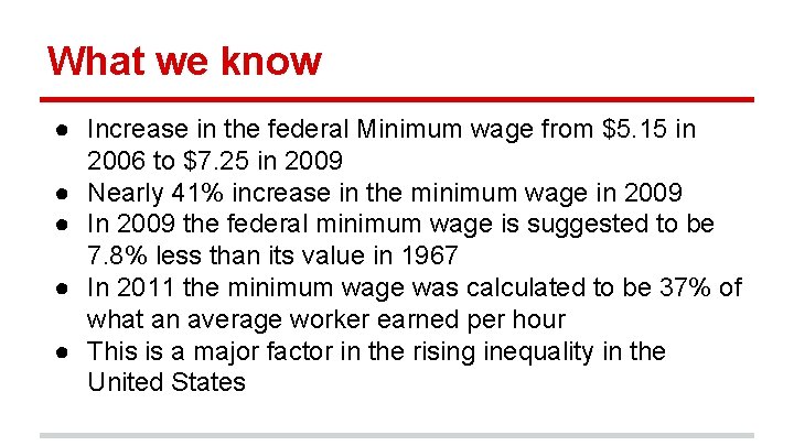 What we know ● Increase in the federal Minimum wage from $5. 15 in