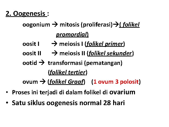 2. Oogenesis : oogonium mitosis (proliferasi) ( folikel promordial) oosit I meiosis I (folikel