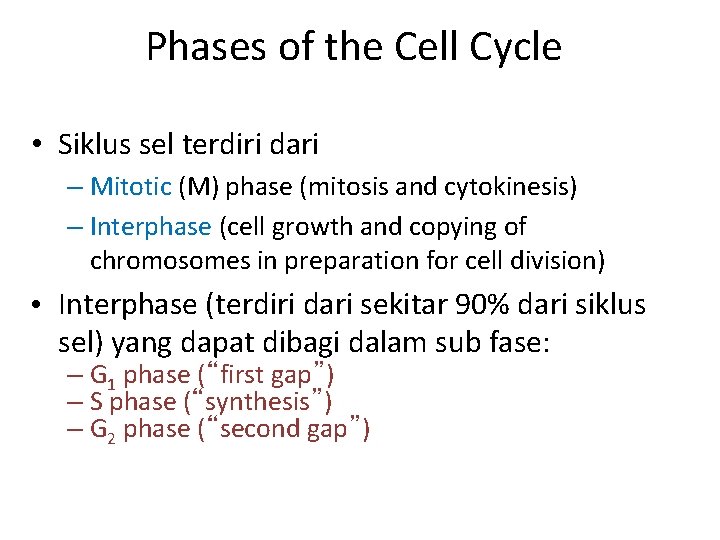 Phases of the Cell Cycle • Siklus sel terdiri dari – Mitotic (M) phase