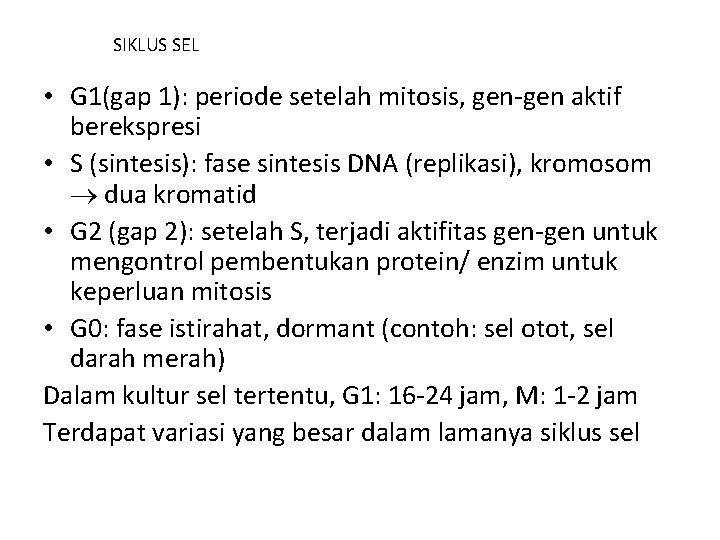 SIKLUS SEL • G 1(gap 1): periode setelah mitosis, gen-gen aktif berekspresi • S