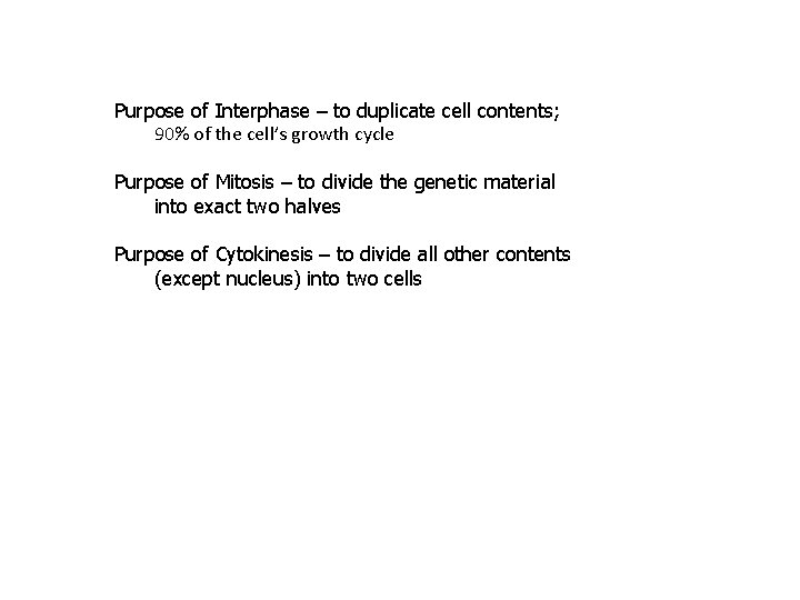 Purpose of Interphase – to duplicate cell contents; 90% of the cell’s growth cycle