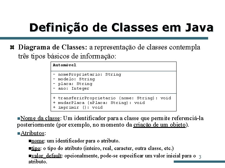 Definição de Classes em Java Diagrama de Classes: a representação de classes contempla três Definição de Classes em Java Diagrama de Classes: a representação de classes contempla três