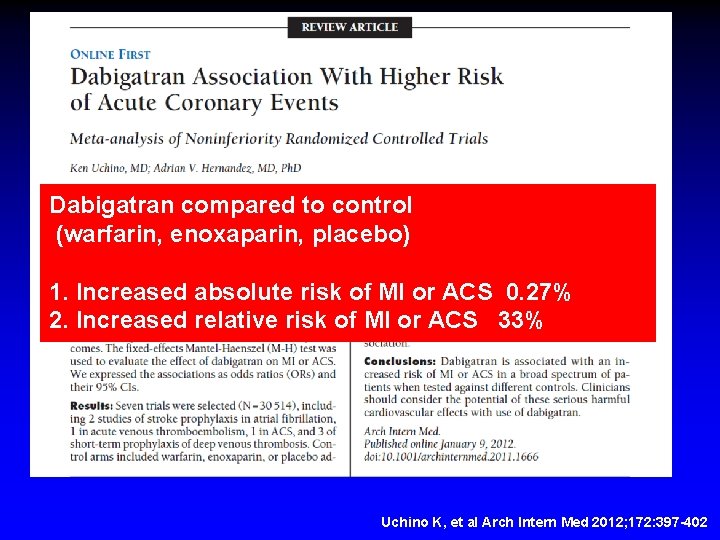 Dabigatran compared to control (warfarin, enoxaparin, placebo) 1. Increased absolute risk of MI or