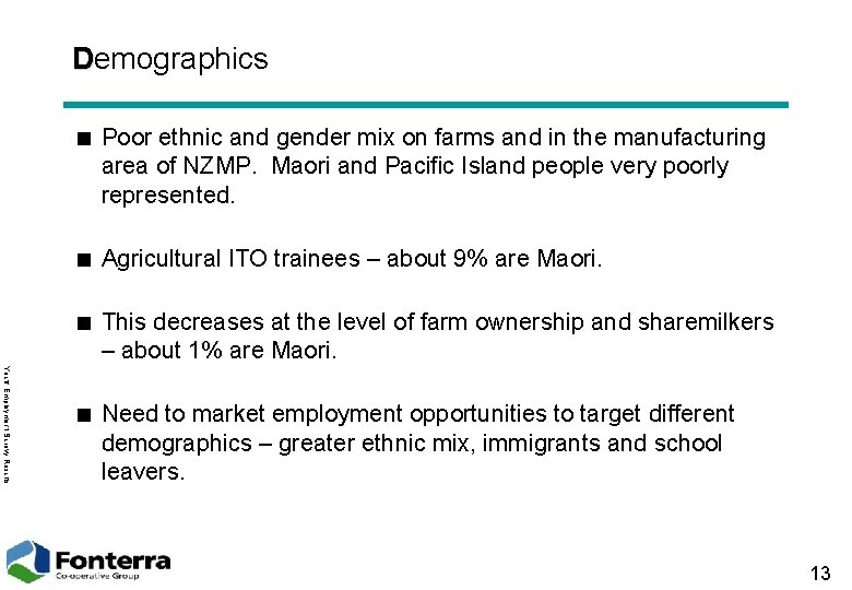Demographics < Poor ethnic and gender mix on farms and in the manufacturing area
