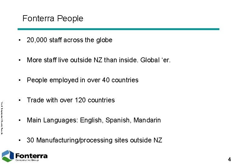 Fonterra People • 20, 000 staff across the globe • More staff live outside