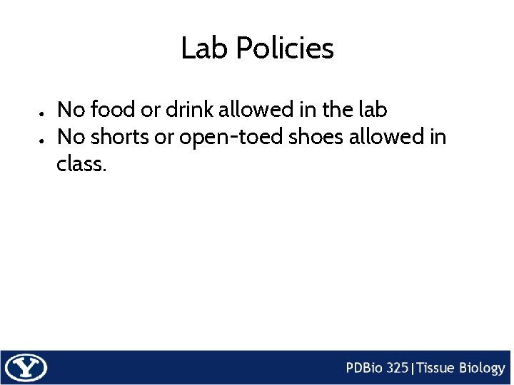Lab Policies ● ● No food or drink allowed in the lab No shorts