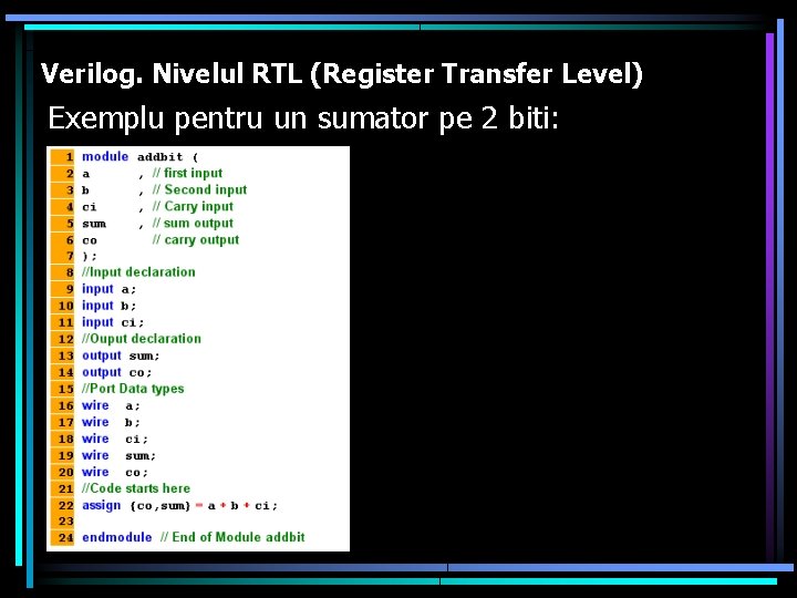 Verilog. Nivelul RTL (Register Transfer Level) Exemplu pentru un sumator pe 2 biti: 