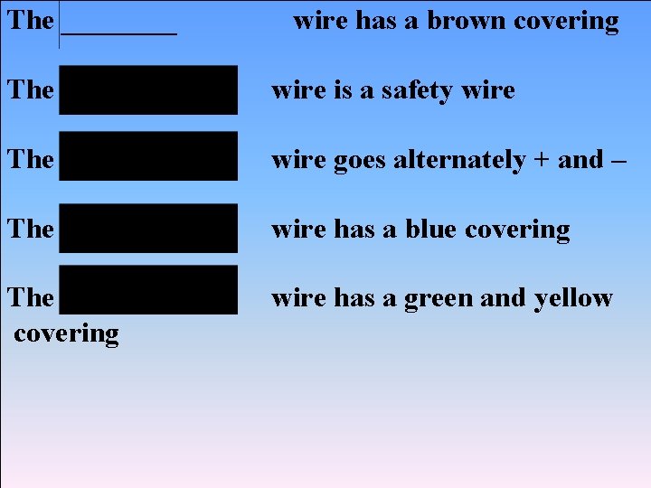 The ____ wire has a brown covering The ____ wire is a safety wire