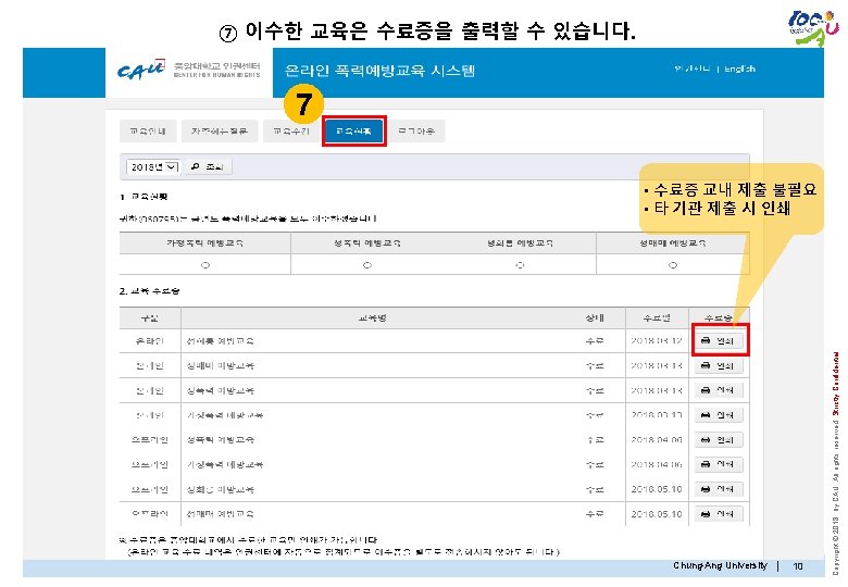 ⑦ 이수한 교육은 수료증을 출력할 수 있습니다. 7 Chung-Ang University | 10 Copyright ©