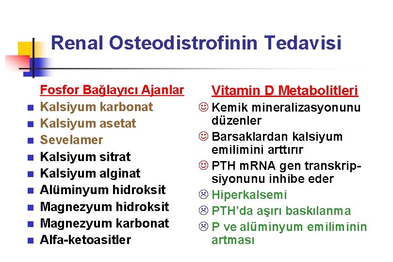 Renal Osteodistrofinin Tedavisi n n n n n Fosfor Bağlayıcı Ajanlar Kalsiyum karbonat Kalsiyum