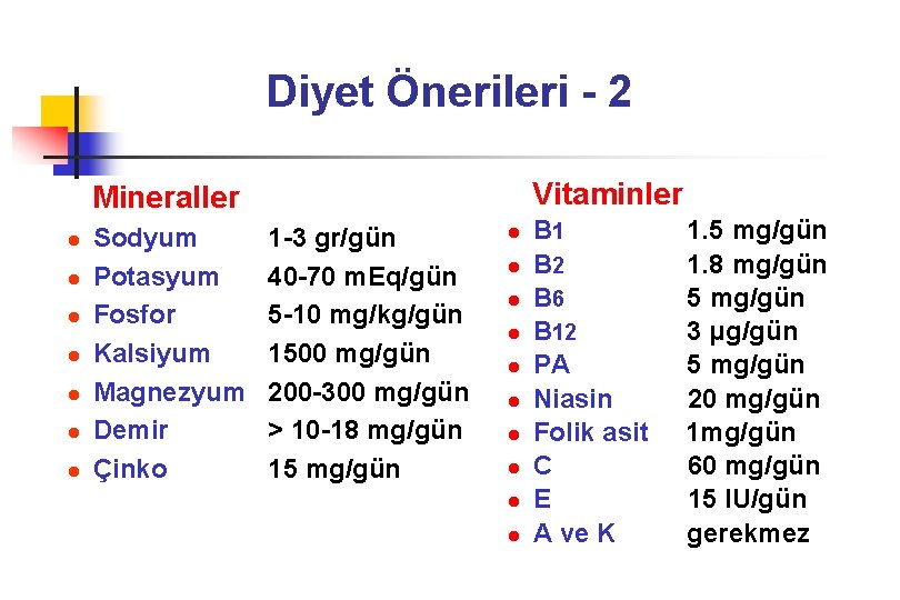 Diyet Önerileri - 2 Vitaminler Mineraller l l l l Sodyum Potasyum Fosfor Kalsiyum