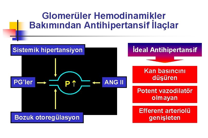 Glomerüler Hemodinamikler Bakımından Antihipertansif İlaçlar İdeal Antihipertansif Sistemik hipertansiyon PG’ler P Bozuk otoregülasyon ANG