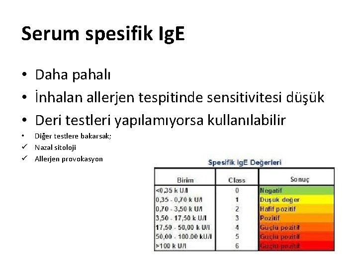 Serum spesifik Ig. E • Daha pahalı • İnhalan allerjen tespitinde sensitivitesi düşük •
