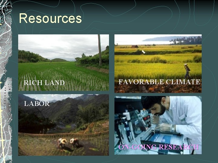 Resources RICH LAND FAVORABLE CLIMATE LABOR ON-GOING RESEARCH 