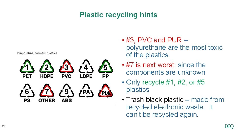 Plastic recycling hints • #3, PVC and PUR – polyurethane are the most toxic