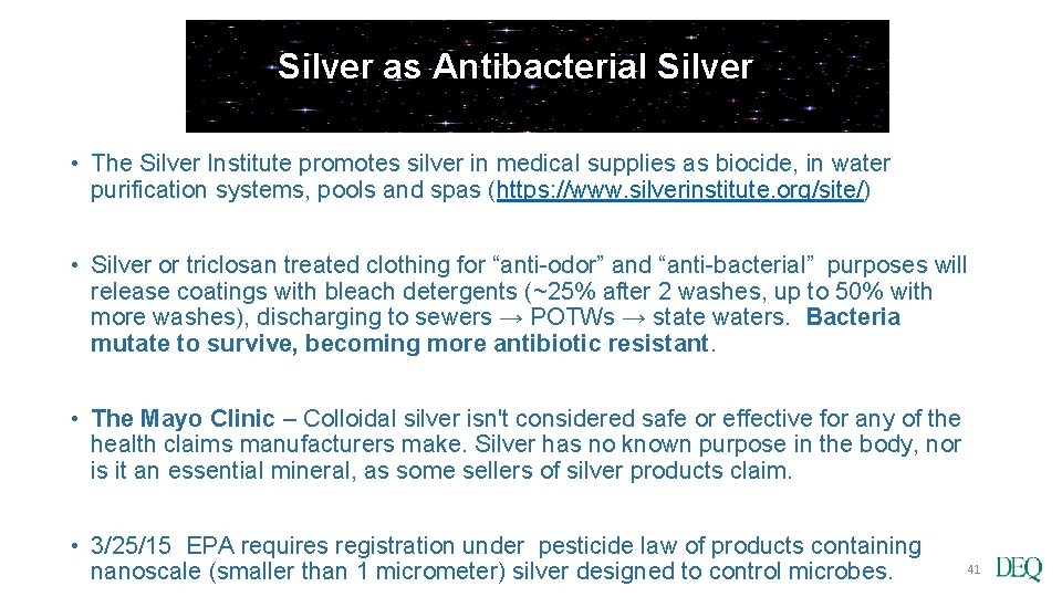 Silver as Antibacterial Silver as antibacterial • The Silver Institute promotes silver in medical