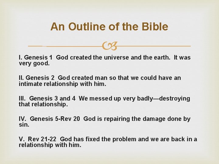 An Outline of the Bible I. Genesis 1 God created the universe and the