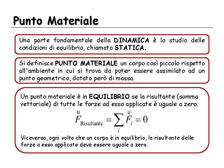 Punto Materiale Una parte fondamentale della DINAMICA è lo studio delle condizioni di equilibrio,