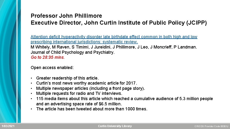 Professor John Phillimore Executive Director, John Curtin Institute of Public Policy (JCIPP) Attention deficit