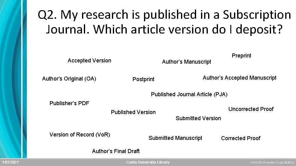 Q 2. My research is published in a Subscription Journal. Which article version do