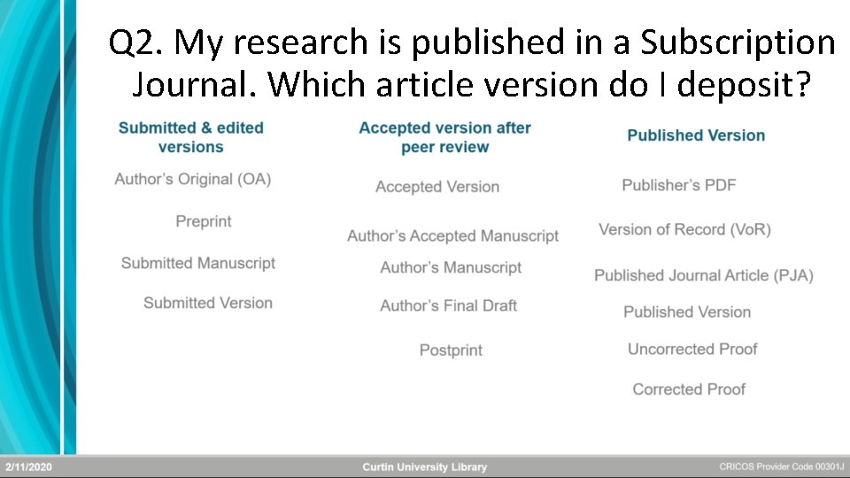 Q 2. My research is published in a Subscription Journal. Which article version do