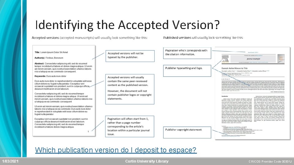 Identifying the Accepted Version? Which publication version do I deposit to espace? 1/03/2021 Curtin