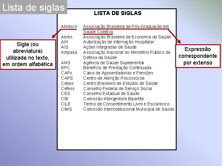 Lista de siglas Abrasco Sigla (ou abreviatura) utilizada no texto, em ordem alfabética Abres
