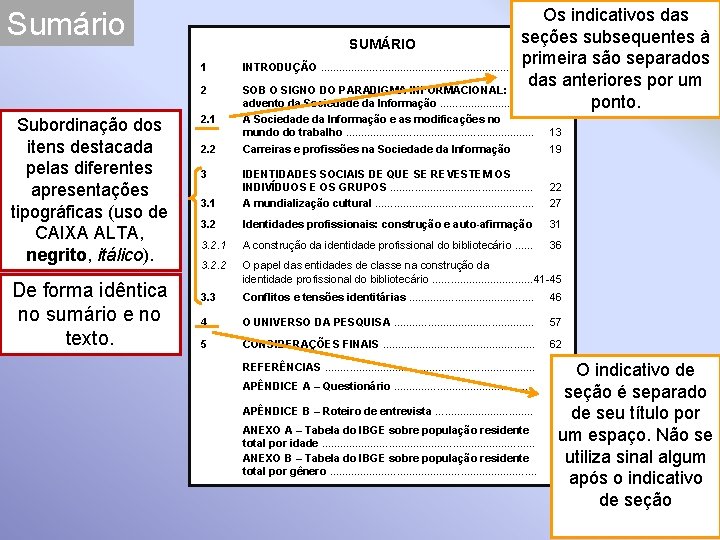 Sumário 1 2 Subordinação dos itens destacada pelas diferentes apresentações tipográficas (uso de CAIXA