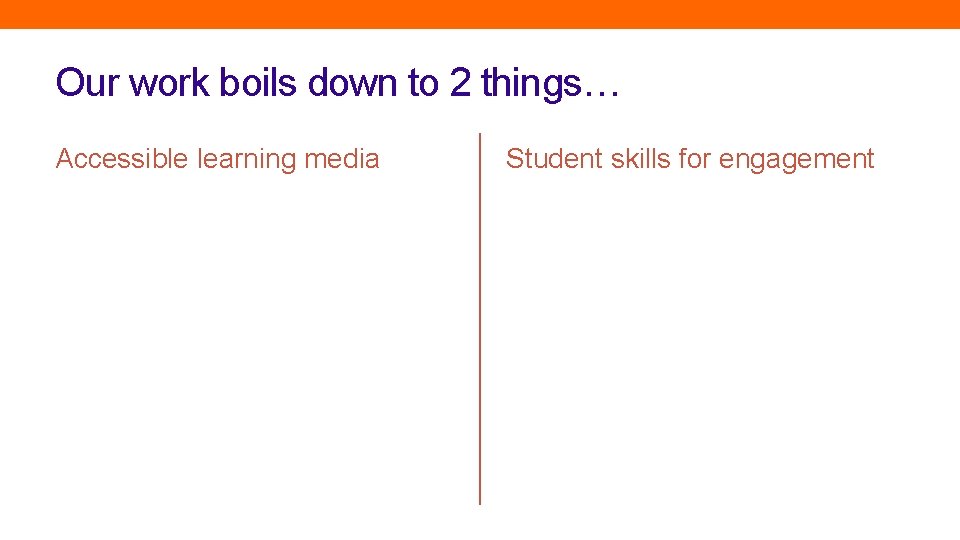 Our work boils down to 2 things… Accessible learning media Student skills for engagement