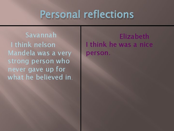 Personal reflections Savannah I think nelson Mandela was a very strong person who never