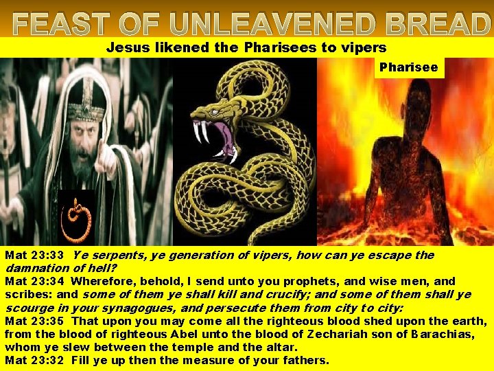 FEAST OF UNLEAVENED BREAD Jesus likened the Pharisees to vipers Pharisee Mat 23: 33