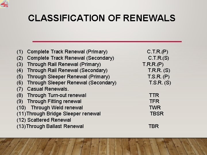 CLASSIFICATION OF RENEWALS (1) Complete Track Renewal (Primary) (2) Complete Track Renewal (Secondary) (3)