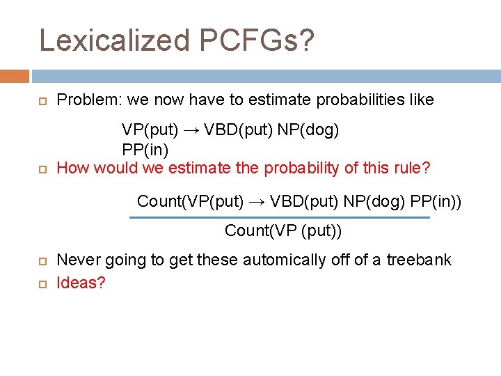 Lexicalized PCFGs? Problem: we now have to estimate probabilities like VP(put) → VBD(put) NP(dog)