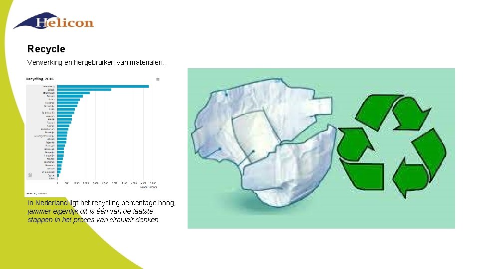 Recycle Verwerking en hergebruiken van materialen. In Nederland ligt het recycling percentage hoog, jammer