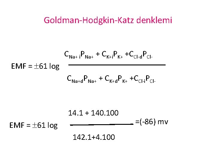Goldman-Hodgkin-Katz denklemi CNa+ i. PNa+ + CK+i. PK+ +CCl-d. PCl. EMF = 61 log