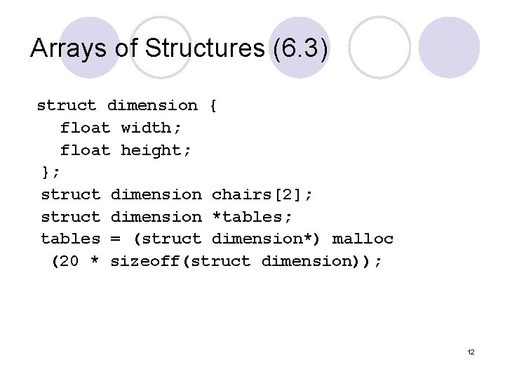 Arrays of Structures (6. 3) struct dimension { float width; float height; }; struct