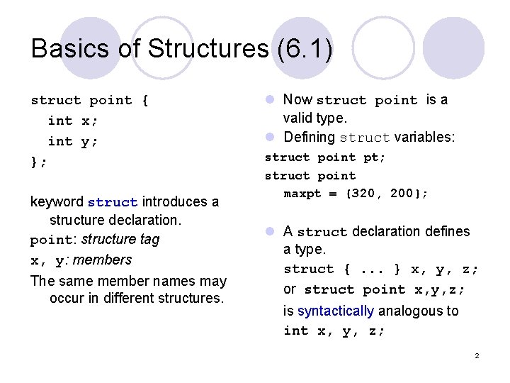 Basics of Structures (6. 1) struct point { int x; int y; }; keyword