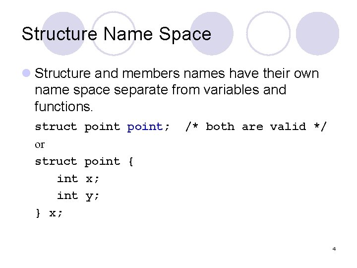 Structure Name Space l Structure and members names have their own name space separate
