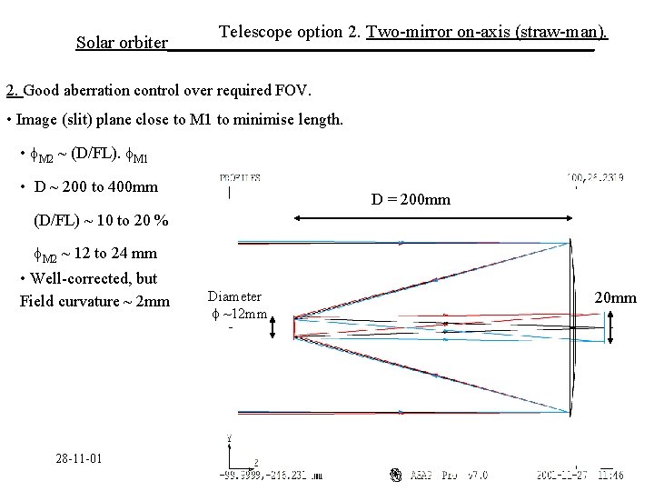 Telescope option 2. Two-mirror on-axis (straw-man). Solar orbiter________________________ 2. Good aberration control over required