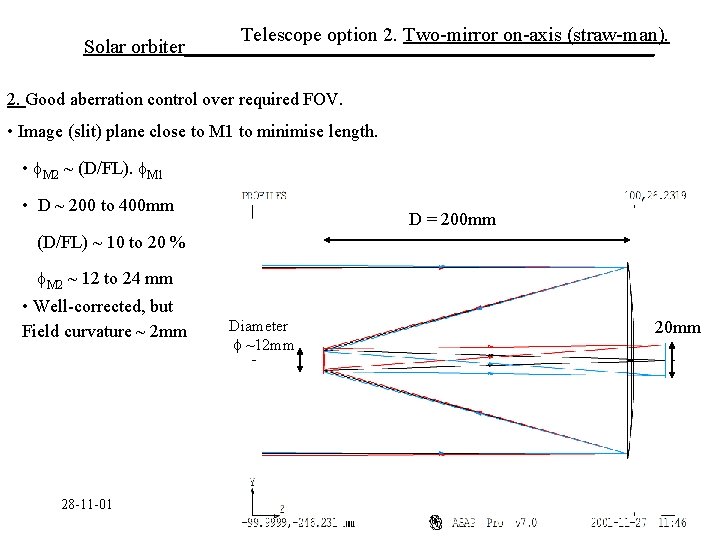 Telescope option 2. Two-mirror on-axis (straw-man). Solar orbiter________________________ 2. Good aberration control over required