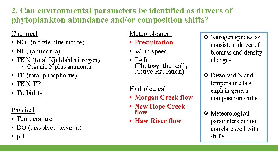 2. Can environmental parameters be identified as drivers of phytoplankton abundance and/or composition shifts?
