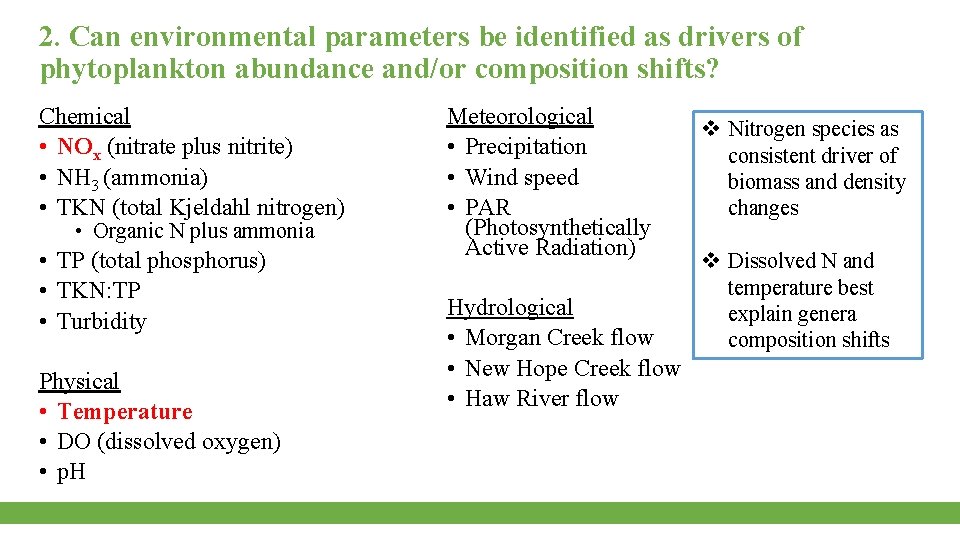 2. Can environmental parameters be identified as drivers of phytoplankton abundance and/or composition shifts?