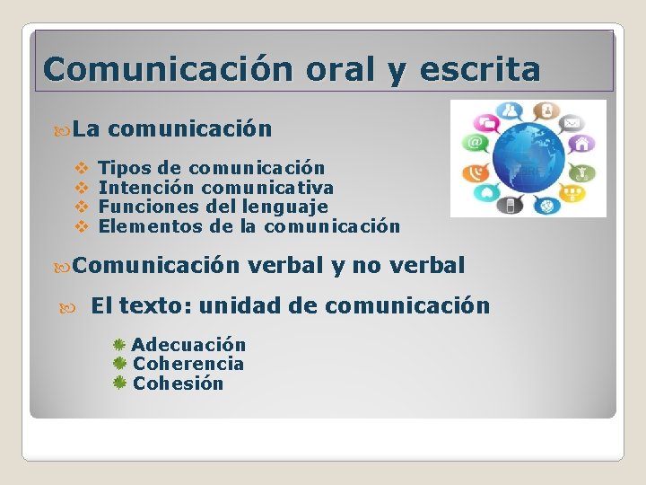 Comunicación oral y escrita La comunicación v v Tipos de comunicación Intención comunicativa Funciones