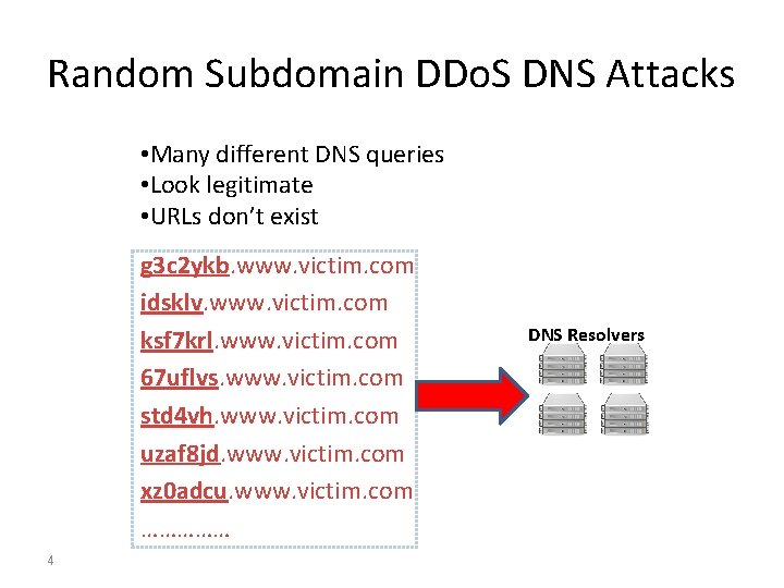 Random Subdomain DDo. S DNS Attacks • Many different DNS queries • Look legitimate