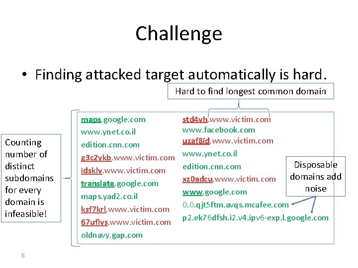 Challenge • Finding attacked target automatically is hard. Hard to find longest common domain