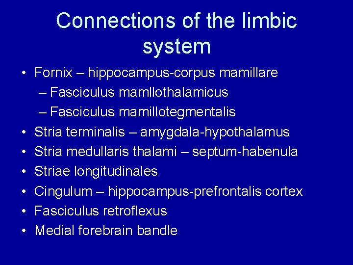 Connections of the limbic system • Fornix – hippocampus-corpus mamillare – Fasciculus mamllothalamicus – Connections of the limbic system • Fornix – hippocampus-corpus mamillare – Fasciculus mamllothalamicus –