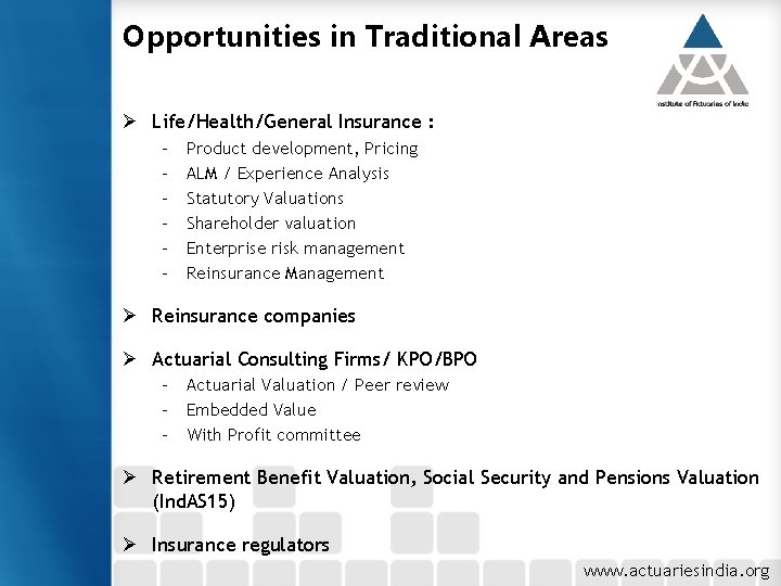 Opportunities in Traditional Areas Ø Life/Health/General Insurance : – – – Product development, Pricing